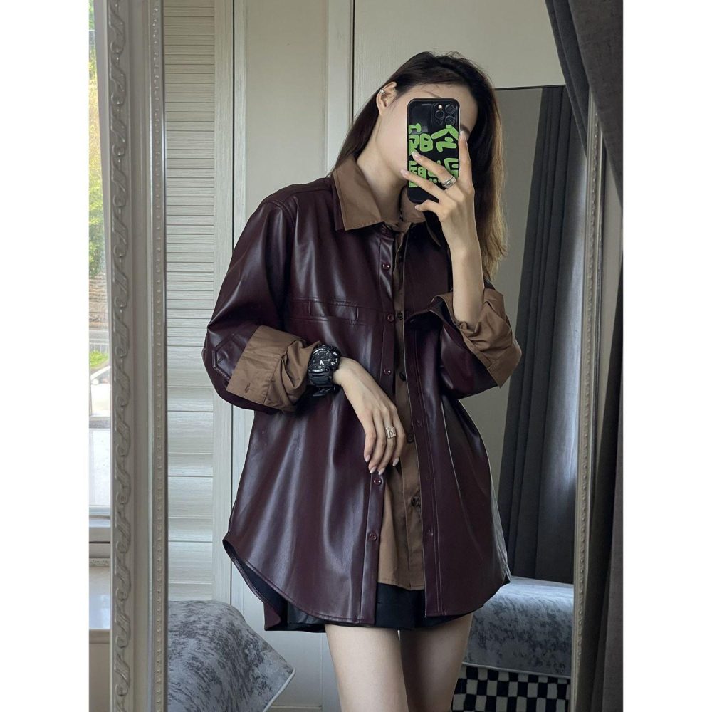 Topstitched Leather Shirt  | Womens  Tops Clothing Shirts & Blouses